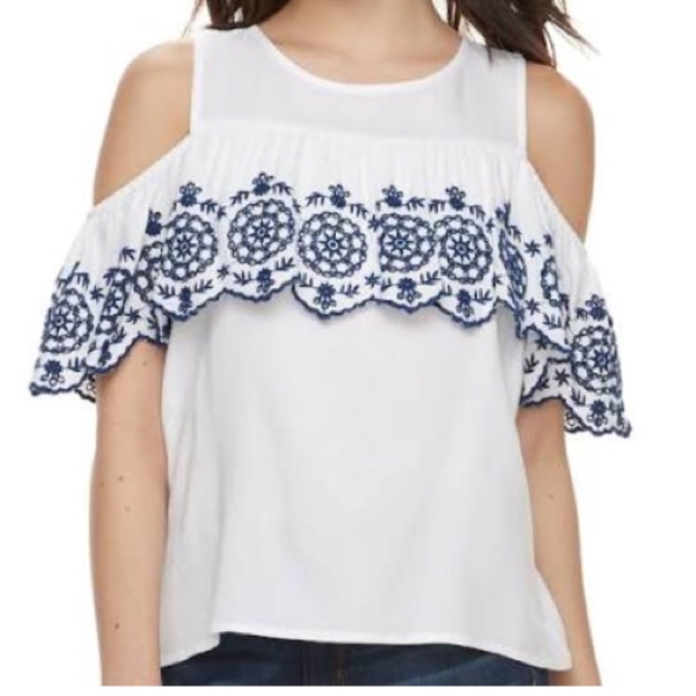 White and Blue Embroidered Cold Shoulder Top